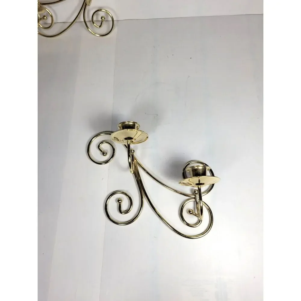 Vintage Homco Home Interiors Brass Scroll Double Taper Candle Wall Sconces Pair